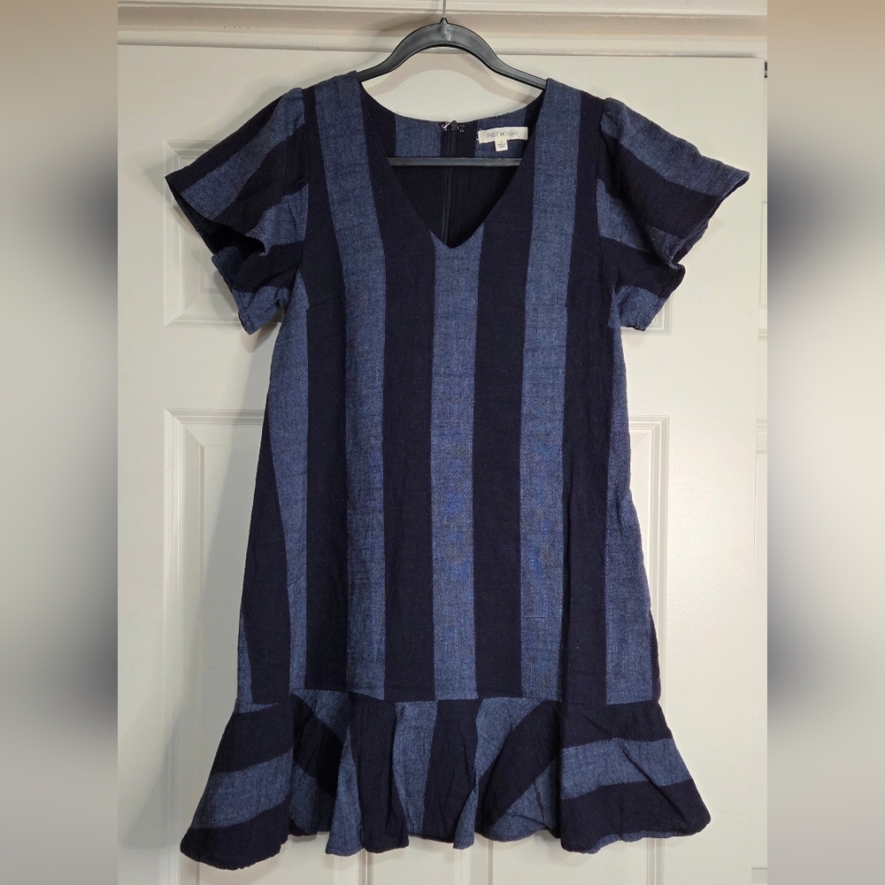 Anthro First Monday Linen Blue Striped Mini Dress w/ Flouncy Hem - Size S